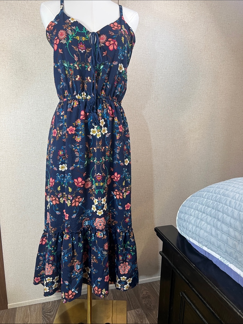 bobeau Navy Floral Maxi Dress with Ruffle Hem